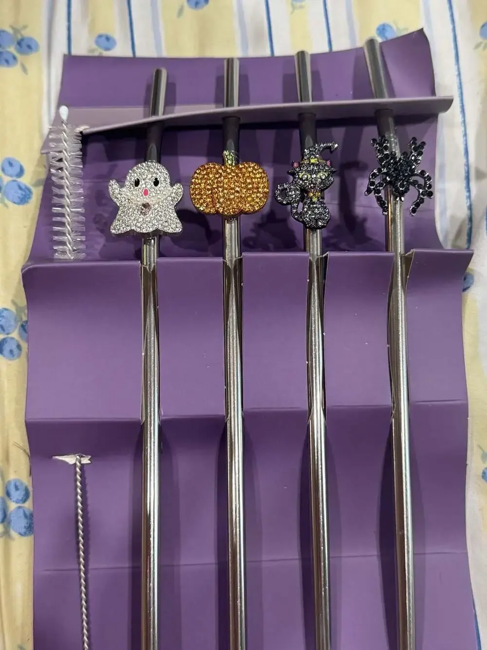 Halloween Stainless Steel Reusable Drinking Straws with Rhinestone Charms